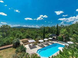 Looking down from the house to the clear blue pool on the private terrace with sunloungers and shades and surrounded by lush gardens and a large palm.