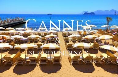 Rows of sunloungers with umbrellas lined up on a private beach looking out to sea at Cannes on the Mediterranean