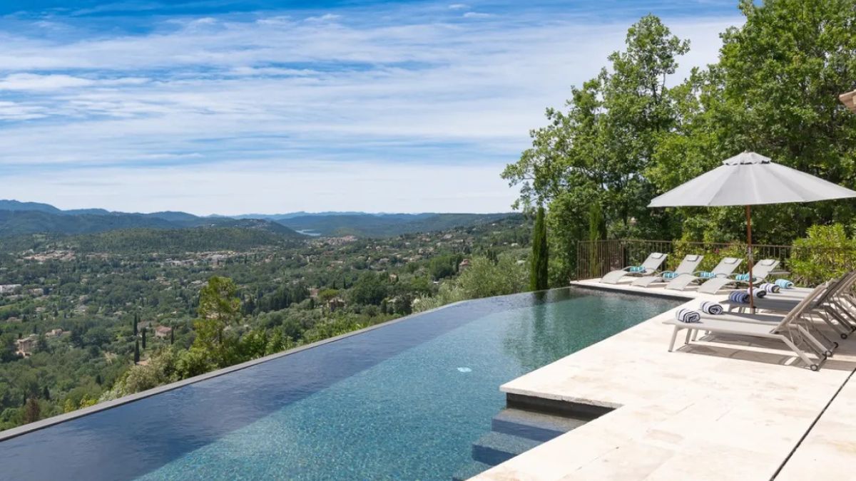 Beautiful view over infinity pool toward the Estrel mountains South of France