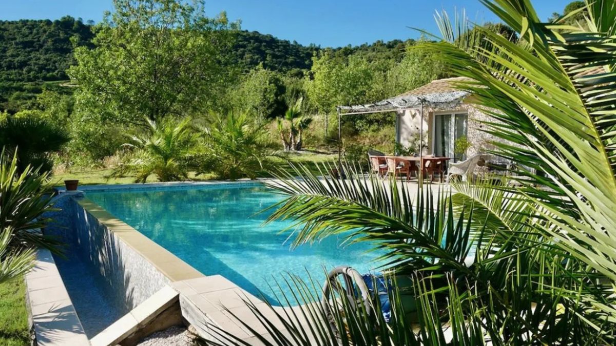 View over infinity pool with South of France cottage surrounded by palm trees and nature