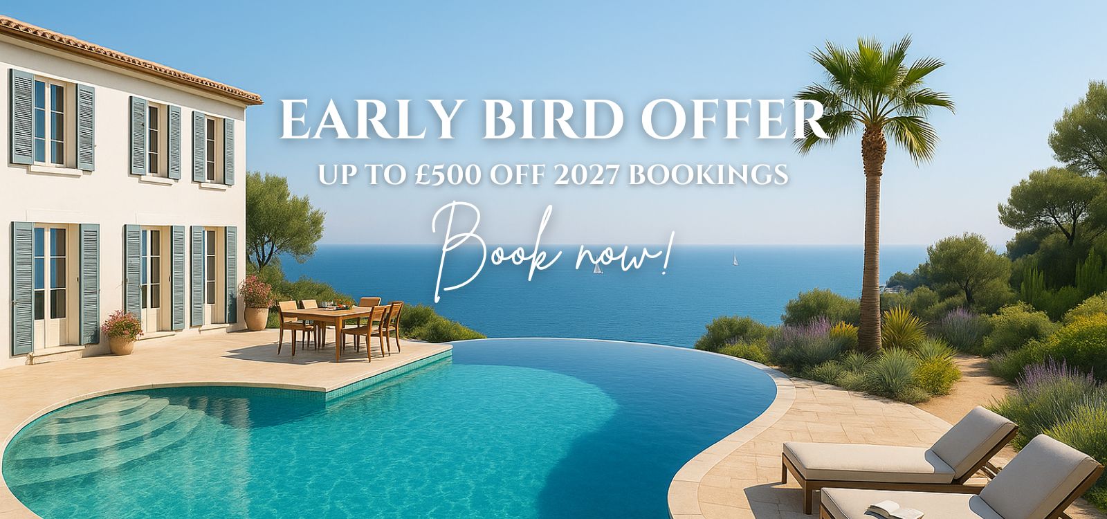 View over infinity pool and sea view beyond with charming traditional French villa